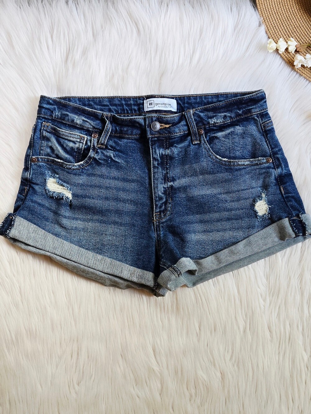 Women’s Dark Blue Distressed Denim Roll-Cuff Shorts